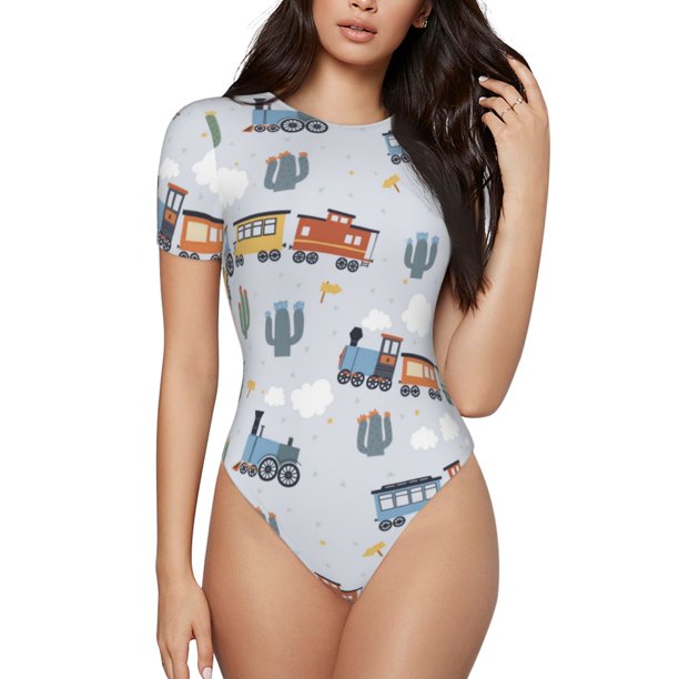 Balery Trains And Cactuse Body de cuello redondo de manga corta para mujer Tops de manga corta Tops básicos-Large