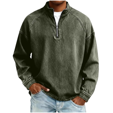 LMOIPLI Mens Quarter Zip Pullover Vintage Distressed Stand Collar Denim Sweatshirts Loose Casual Mock Neck Golf Shirts Army Green S