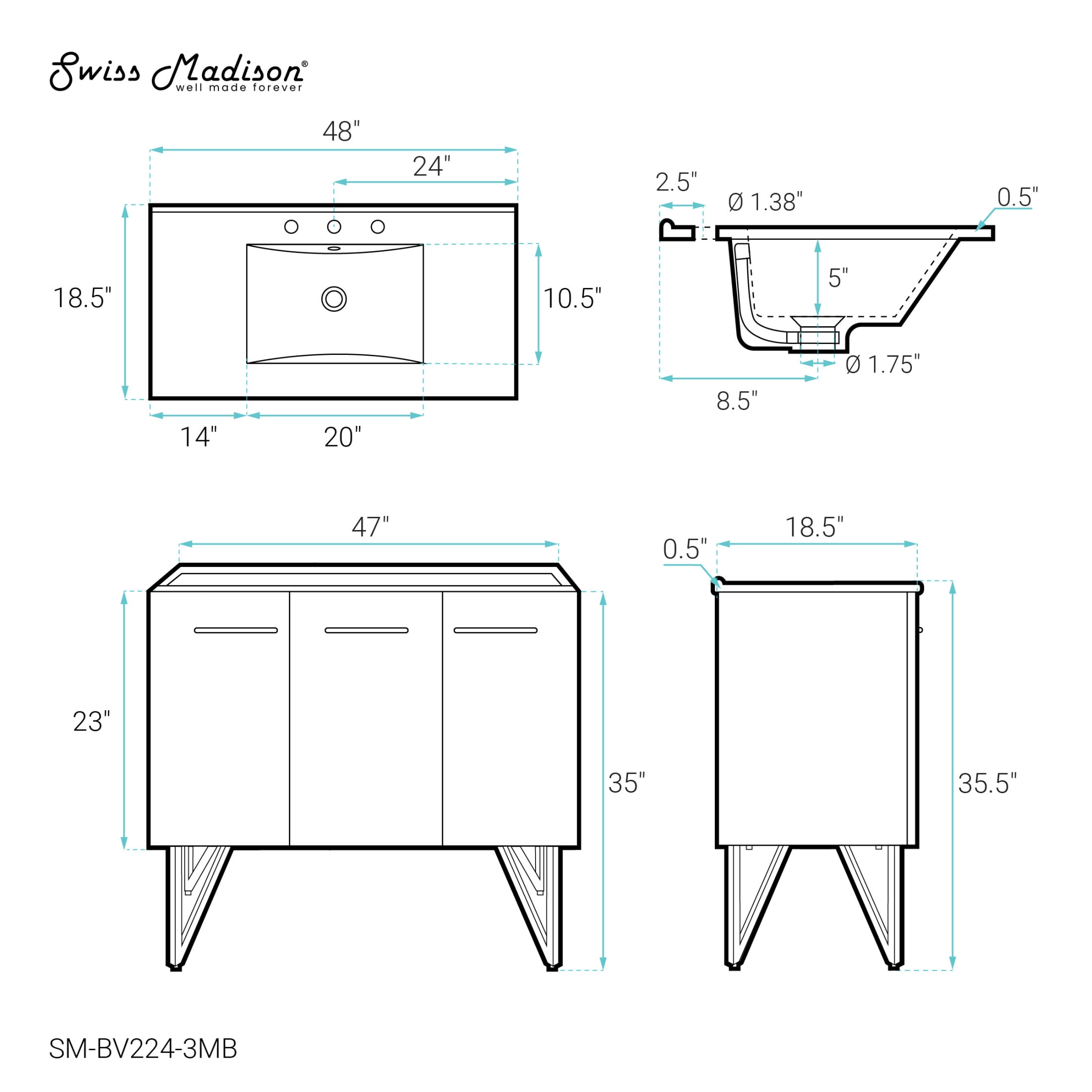 Annecy 48 in. Black Walnut Bathroom Vanity With Black, 3-Hole Ceramic Sink Top
