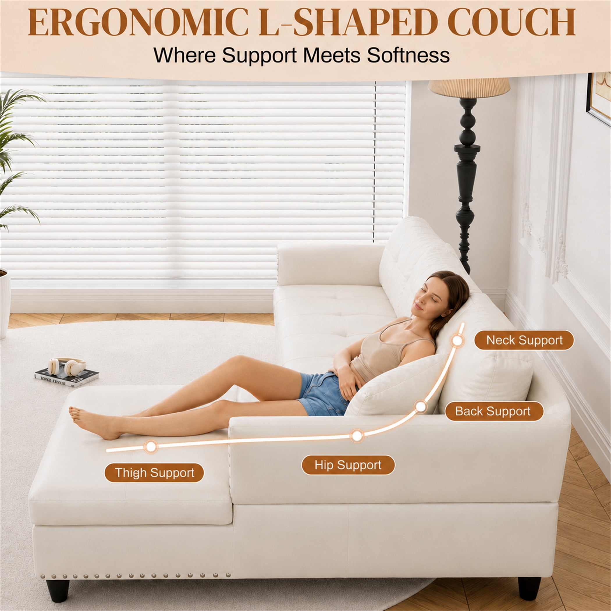Aukfa 98" L Shaped Sectional Couch with Cup Holder Console, Tufted Back&Nailhead Trim, Oversized Right Chaise Leather Sofa for Living Room, White