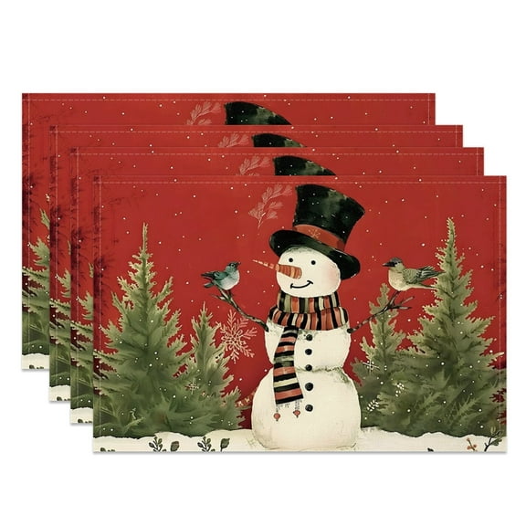 SUNOLIFE Christmas Snowman Placemats Set of 4,Red Winter Snow Table Place Mats 12x18 inch