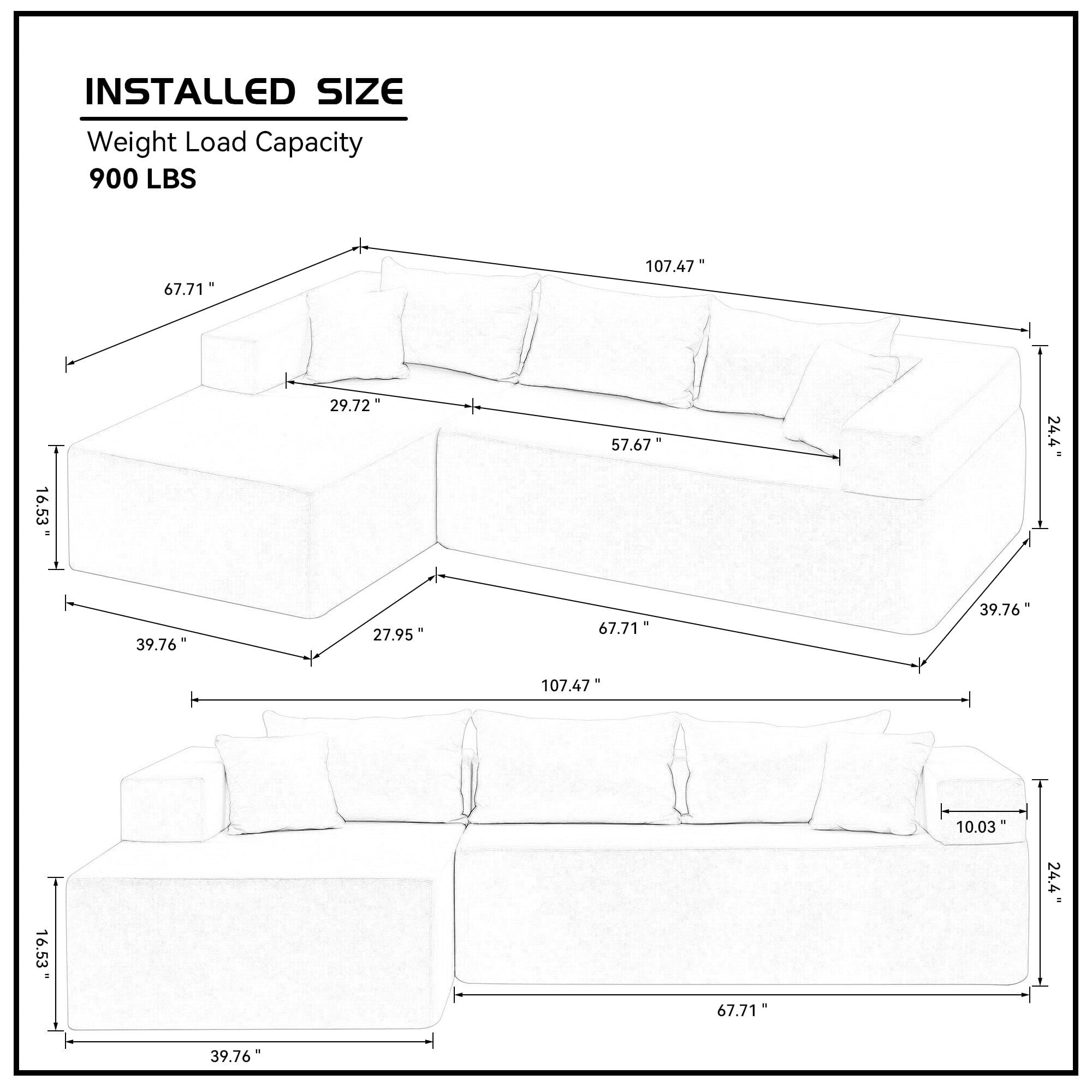 Aukfa 107" L-Shaped Sofa Couch, Pure Sponge Sleeper Sofa Bed with 5 Pillows, Assemble Free, Blue