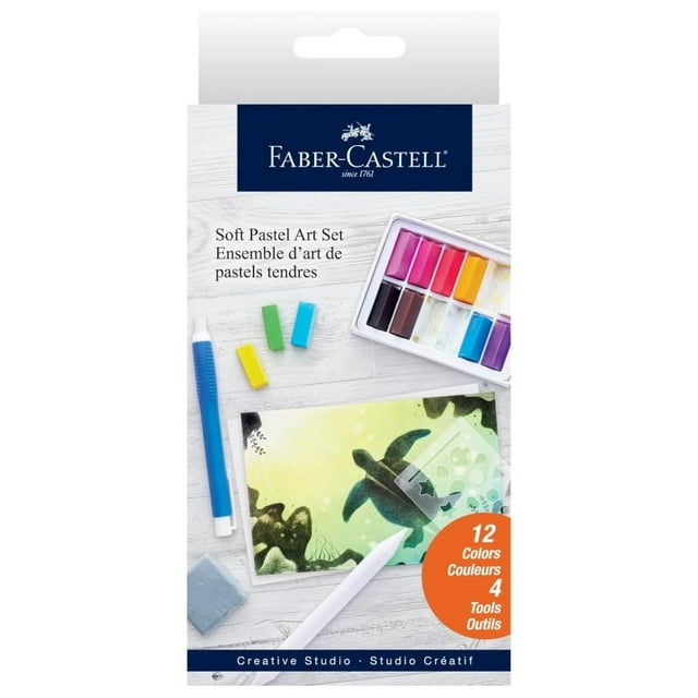 Faber-Castell Set Pasteles Blandos 12 pzas + 6 Hojas 4x6 + Goma Amasada y Difumino, Set Pasteles Suaves para Dibujo y Arte (FC770812T)