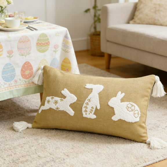 Orangide Easter Pillow Covers Bunny Easter Decoration Textured Lumbar Pillow Covers with Tassel White Rabbit Bunny Embroidery Throw Pillowcase for Holiday Festival Sofa Bedroom Car