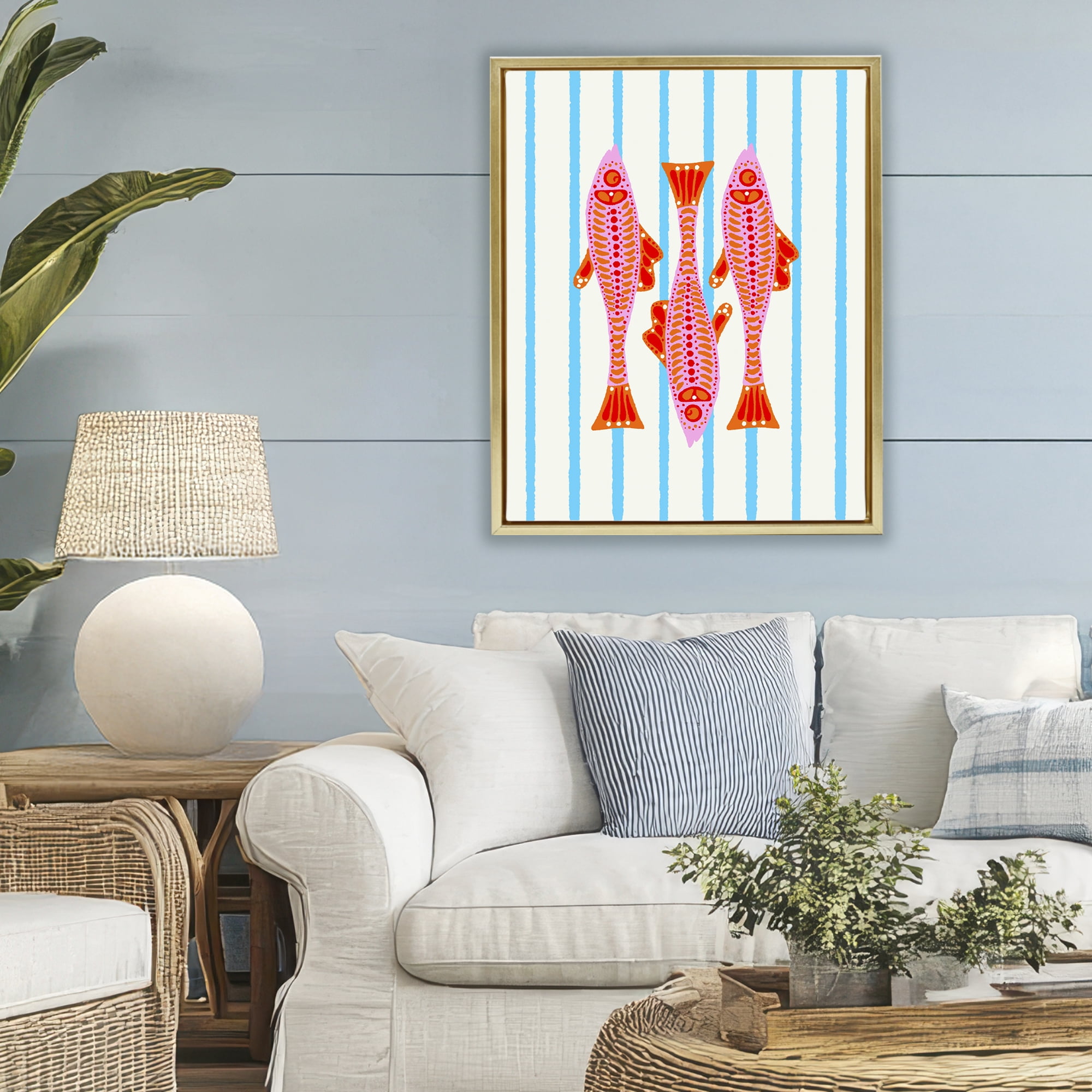 Stupell Industries Bright Aquatic Fish on Stripes Gold Framed Floater Canvas Wall Art, design by Indira Prieto | IndySign