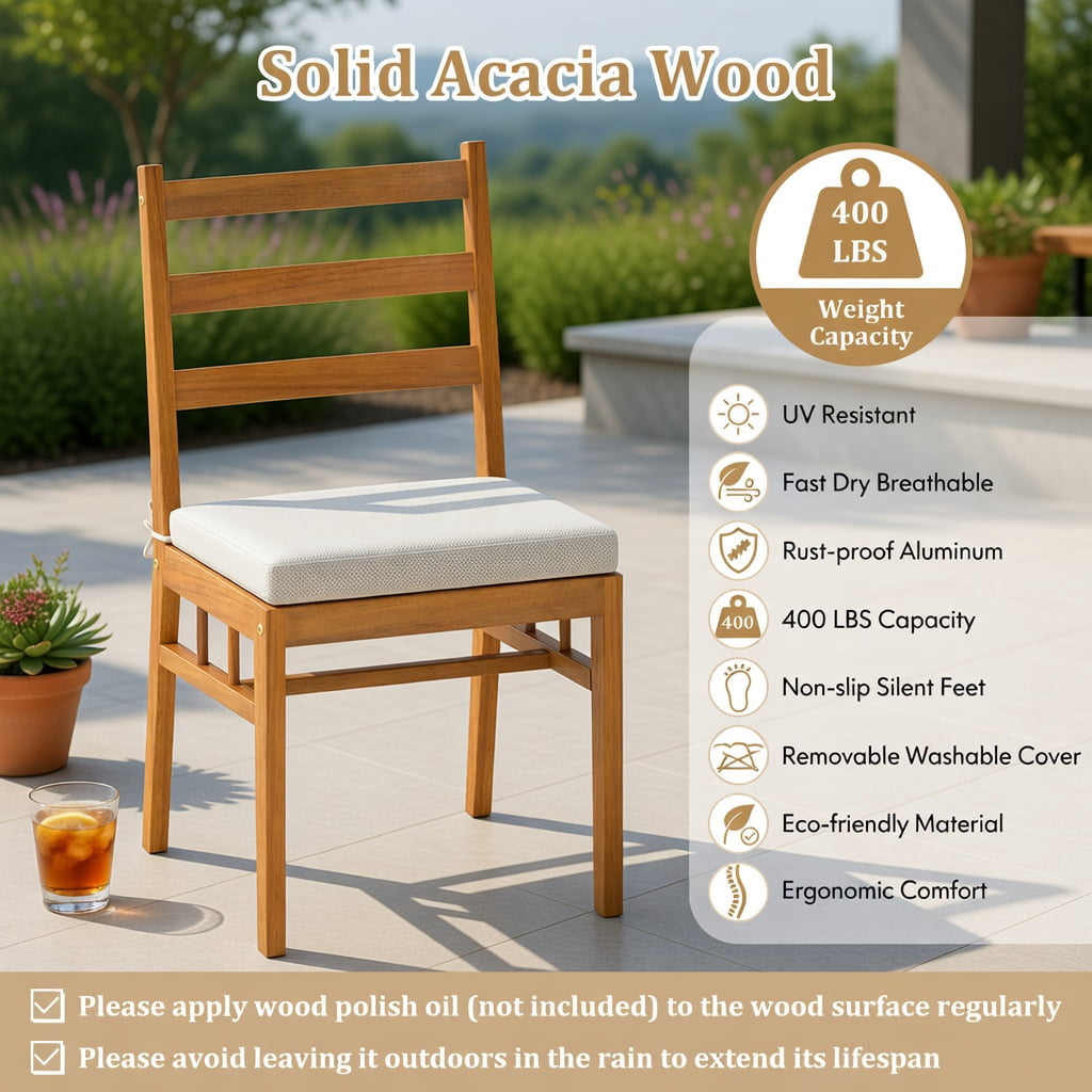 Hommoo 2-Piece Acacia Wood Outdoor Patio Dining Chairs Set, Natural Wood Frame with Removable Cushions, Weather-Resistant Armless Chairs for Deck, Porch & Garden, White