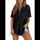 thumbnail image 1 of Camiseta de Gofre con Cuello en V y Corta para Mujer, Talla XXL, Color Negro, 1 of 4