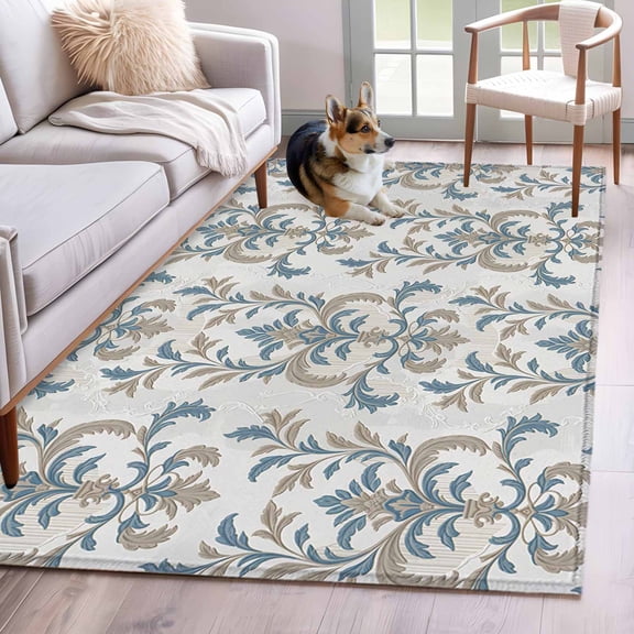Blue Tan Flower Area Rug 3x5 Washable Rug Non Slip Abstract Vintage Ethnic Tribal Boho Large Area Rug Indoor Floor Carpet for Entryway Bedroom Kitchen Living Room Home Office Dining Room Nursery