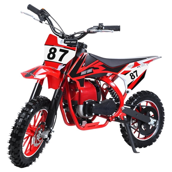 49CC 2-Stroke Gas Powered Kids Gas Dirt Bike, Dual Disc Brakes, Front & Rear Shock, 10" Off-Road Tires, 22 MPH Top Speed, 132 LBS Max Load, Mini Dirtbike for Kids 8-14, Red