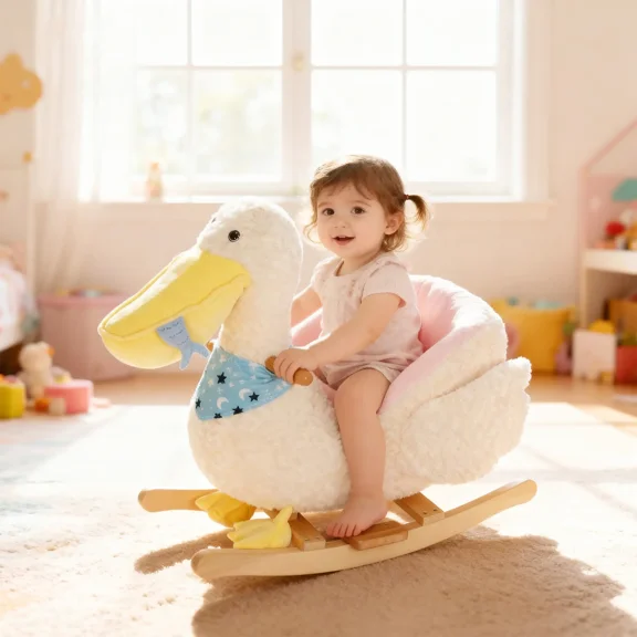 Kid's Plush Pelican Rocking Horse, White with Built-In Lullaby 3-Point Safety Belt, Wide Wood Base Steel Frame 55 lbs Capacity for 12  Months 18-36 Months Toddlers