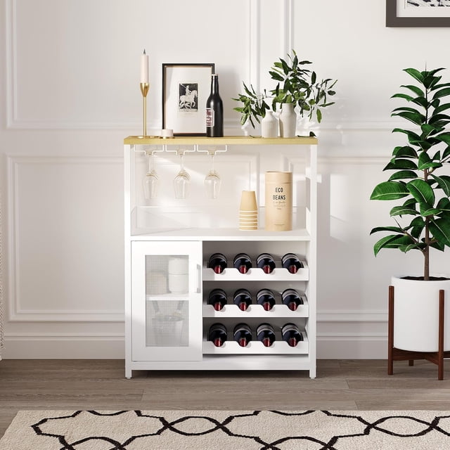 Coffee Wine Bar Rack Cabinet with Detachable Wine Rack, Liquor Cabinet with Glass Holder and Mesh Door, Farmhouse Sideboard Buffet Cabinet for Kitchen Dining Room, Living Room (White)