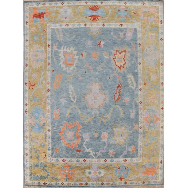 Light Blue Floral Muted Oushak Oriental Area Rug HandKnotted Carpet