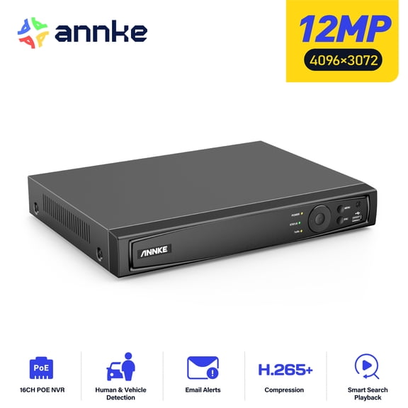 ANNKE NR168 16 Channel 4K 12MP PoE NVR Security System, H.265 Smart AI Network Video Recorder, Dual HDD Bays, Works with Alexa, No HDD