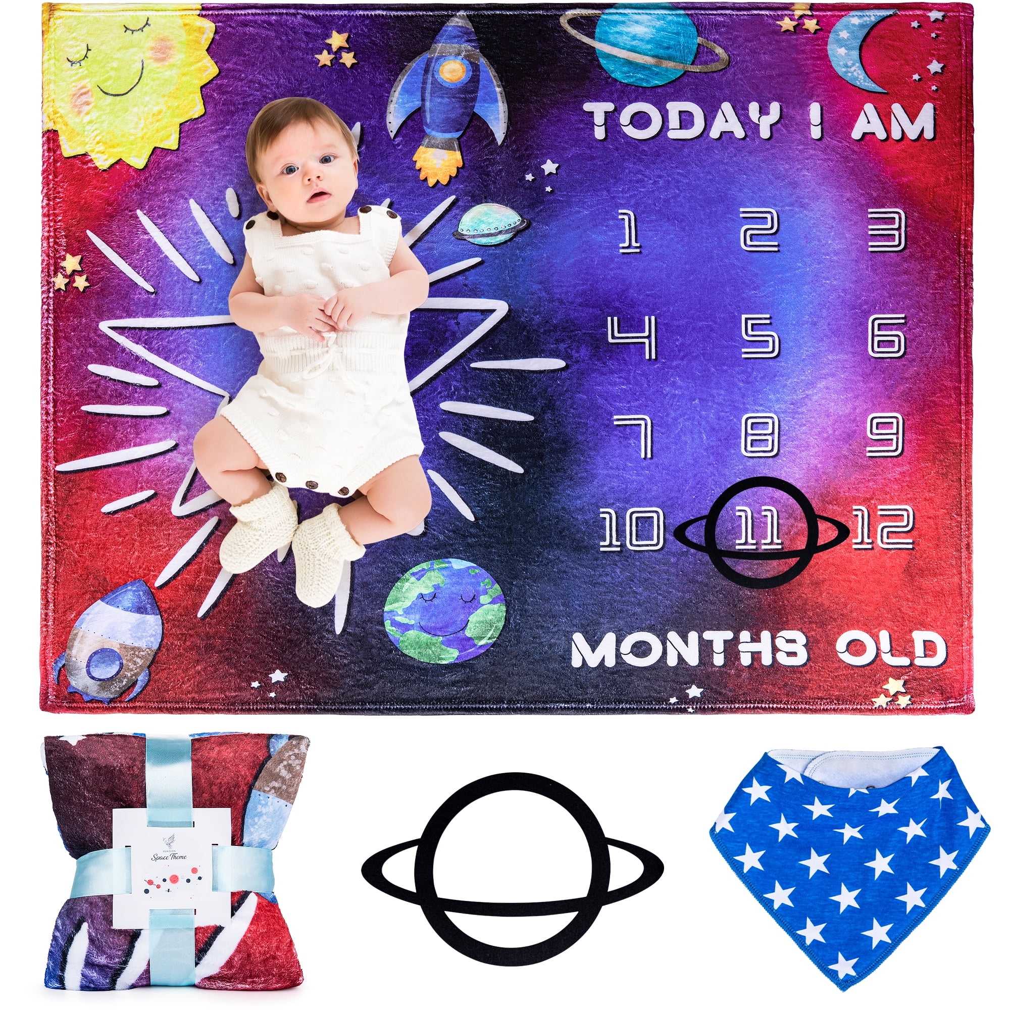 Sukoon Milestone Blanket for Baby Boy / Girl | Large - 47L x 40W | Includes Space Marker and Bib | Personalized Baby Month Blanket for Baby Shower