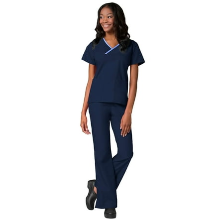 

Maevn Core Women s Y-Neck Mock Wrap Top & Flare Leg Pant Scrub Set