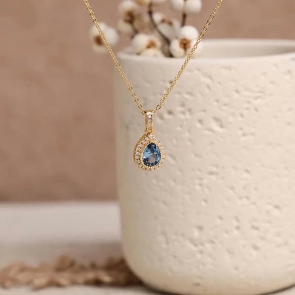 Pear Cut Blue Topaz & Diamond Pendant Necklace in 14K Yellow Gold Vermeil – Dainty December Birthstone Necklace for Women