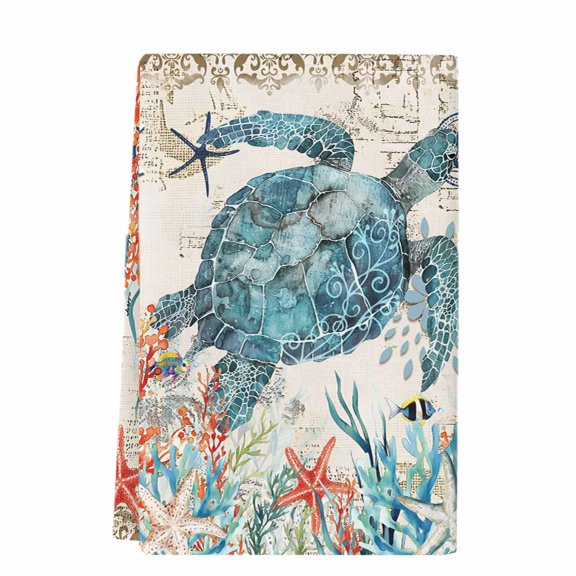 Sea Turtle Coastal Microfiber Kitchen Towel, Vintage Beach Coral Starfish Nautical Soft Absorbent Dish Towels, Quick Drying Washable Dishcloths for Kitchen Cleaning, Drying Dishes, 18x28 Inches