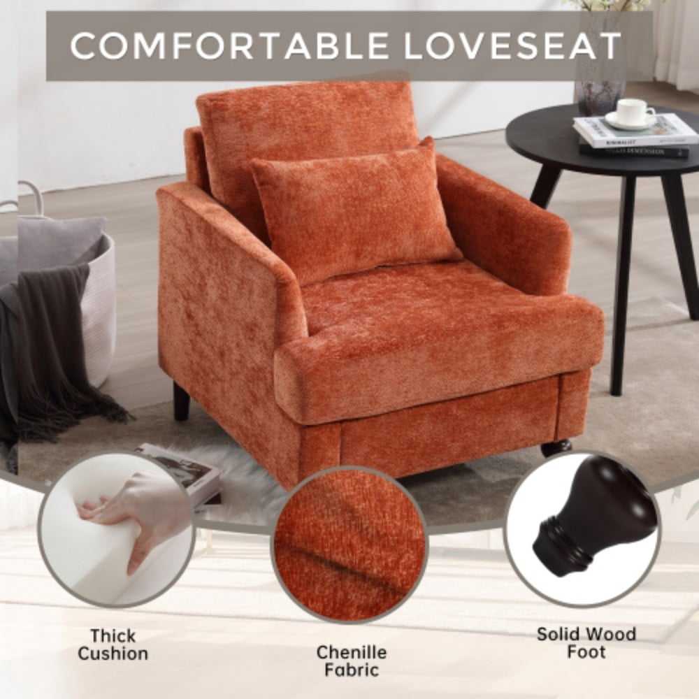 Accent Chair, Mid Century Modern Chenille Armchair with Tufted Back, Studded Solid Wood Frame, Upholstered Lounge Chair for Living Room, Bedroom, Dark Orange