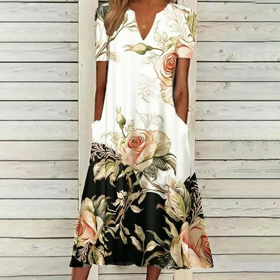 Summer Saving Wycnly Formal Dresses for Women Elbow-Length V-Neck Floral Print Summer Long Dresses with Pocket Beach Loose Hem Tunic Dress Purple S Up to 65% off