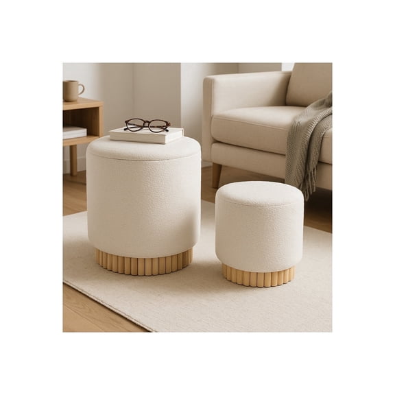 White Boucle Ottoman Set of 2, Fluted Design, 13 & 19"