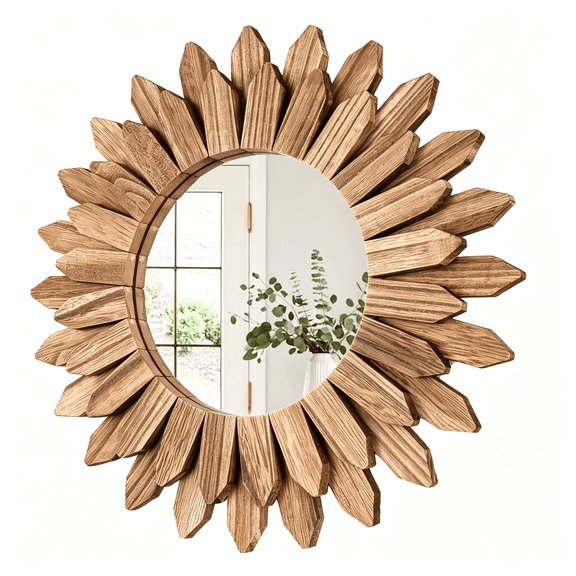 XIBUFE 12In Rustic Wood Wall Mirror,Boho Sunburst Decorative Wall Mirrors for Home Decor,Carbonized Black Small Mirror for Wall,Entryway Bathroom