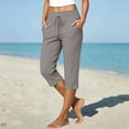 thumbnail image 2 of Nooxsoe Womens High Waisted Capri Pants Drawstring Elastic Waist Cotton Linen Loose Straight Leg Cropped Trousers with Pockets Summer Travel Gray XL, 2 of 9