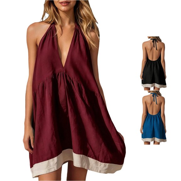 ZHOGXU Summer Dresses For Women Sleeveless Halter Neck Color Block Backless Comfortable Loose Fit Dress For Casual Daily Wear,Red,M