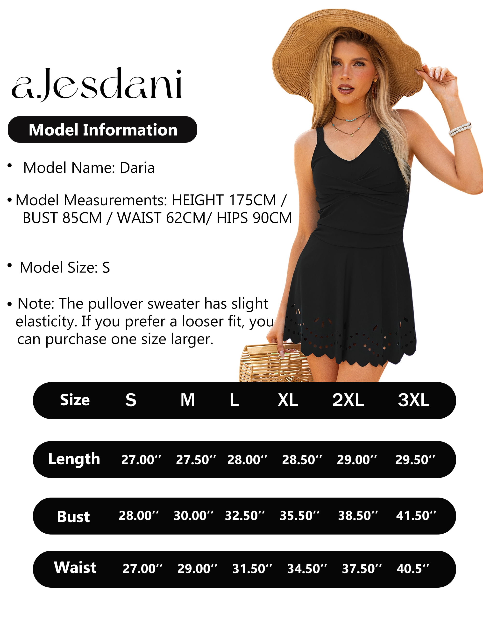 a.Jesdani Womens One Piece Swimsuit Tummy Control with Cutout Skirt Bathing Suit Modest Twist Front Swim Dress Black S