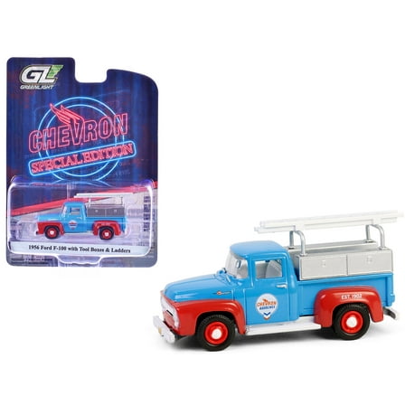 1956 Ford F-100 Pickup Truck with Tool Boxes and Ladders "Chevron" Blue and Red "Chevron Special Edition" Series 1 1/64 Diecast Model Car by Greenlight