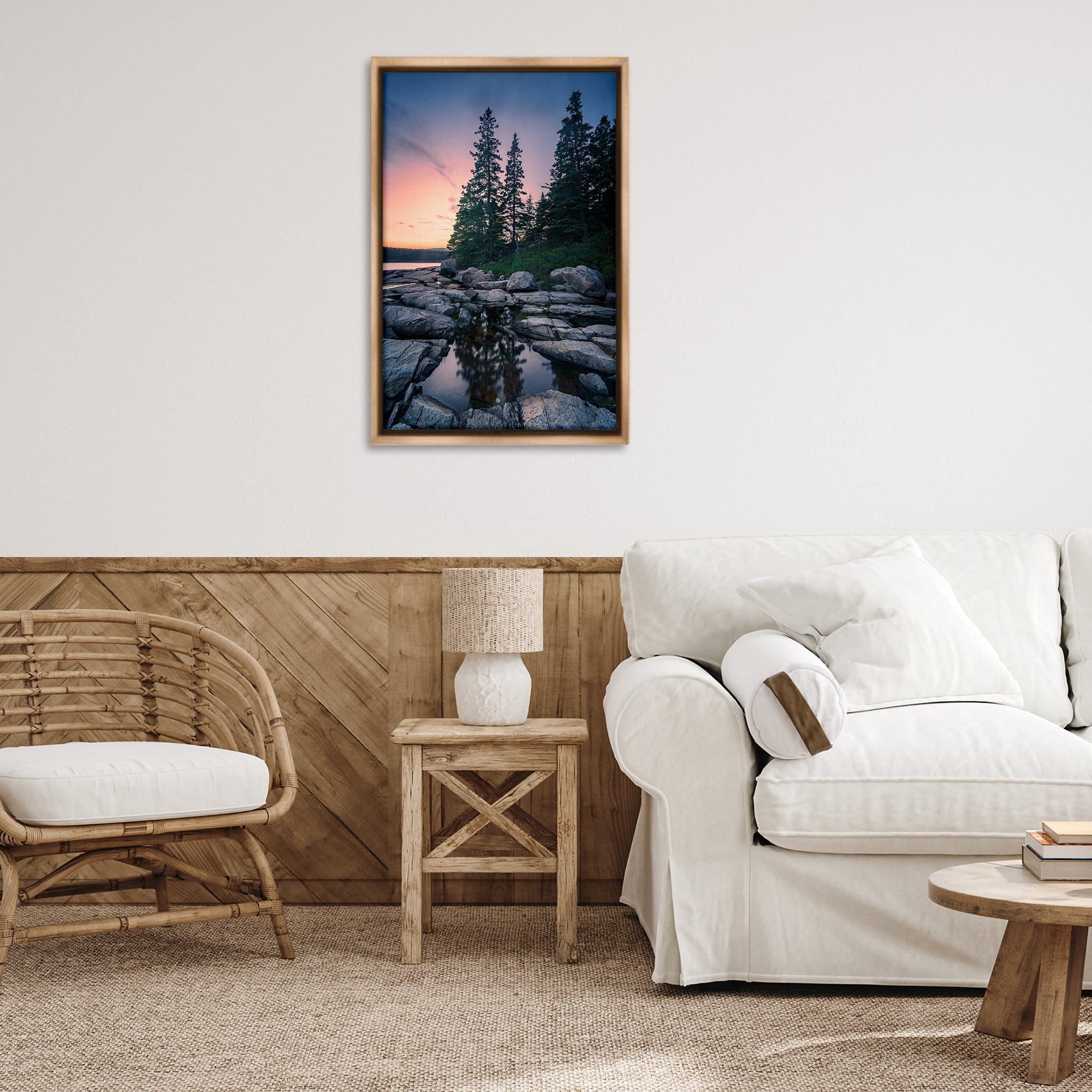 Stupell Industries Trees Reflected in Tide Pool Landscape & Nature Photography Brown Floater Framed Canvas Art Print Wall Art, 21 x 31