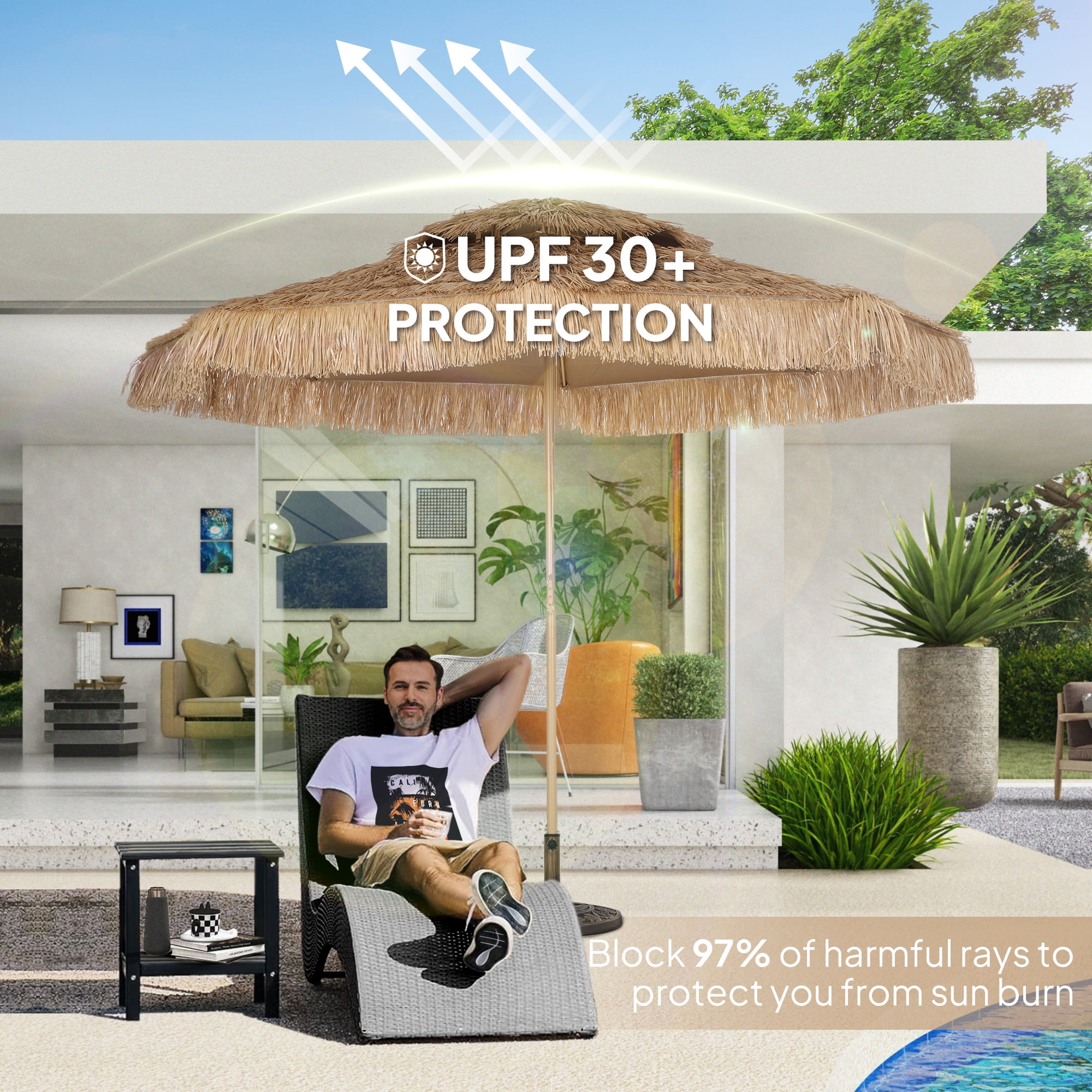 Outsunny 10 ft. Hula Thatched Tiki Patio Umbrella, Hawaiian Style Outdoor Umbrella with 8 Ribs, UPF30+, for Garden, Backyard, Deck, Pool, Natural