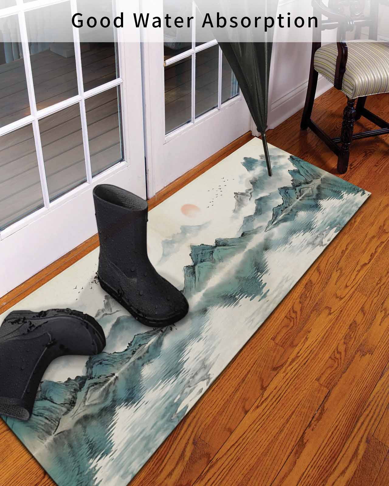 Oriental Front Door Mat Traditional Ethnic Art Chinese Landscape Ink Painting Welcome Doormat Indoor Outdoor Entrance Floor Mat Non-Slip Washable Runner Rug for Front Porch Decor 20x63 Inch