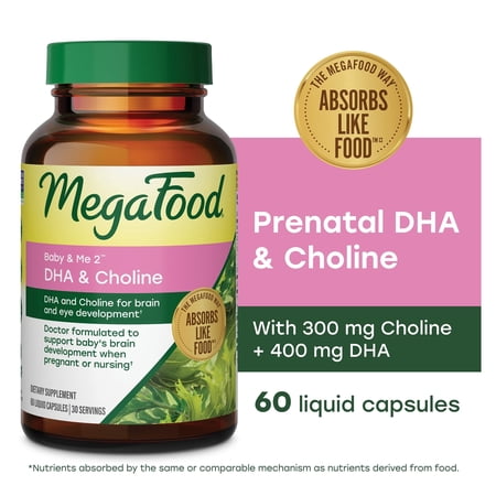 MegaFood Baby & Me 2 Prenatal Vitamins for Women, DHA & Choline Supplements, Liquid DHA and Choline for Baby's Brain and Eye Development During Pregnancy, Vegan, 60 Capsules (30 Servings)