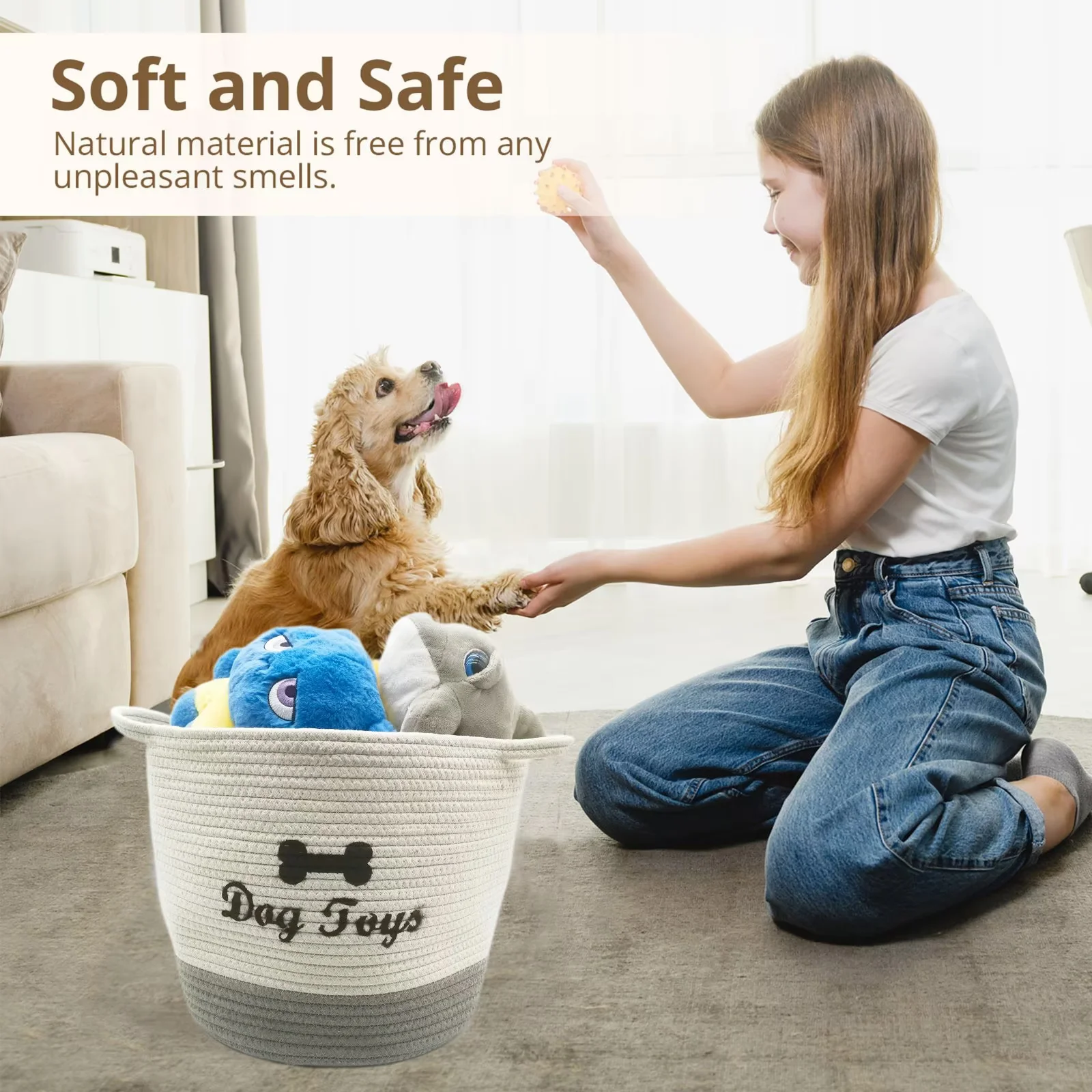 Jumpress Dog Toy Basket, Quality Cotton Rope Dog Toy Storage with Handle, Durable Toy Bin Box for Dog/Cat/Pet Toys, Accessories, Blanket & Leash (#2 Beige Gray, 12’’x12’’x11’’)