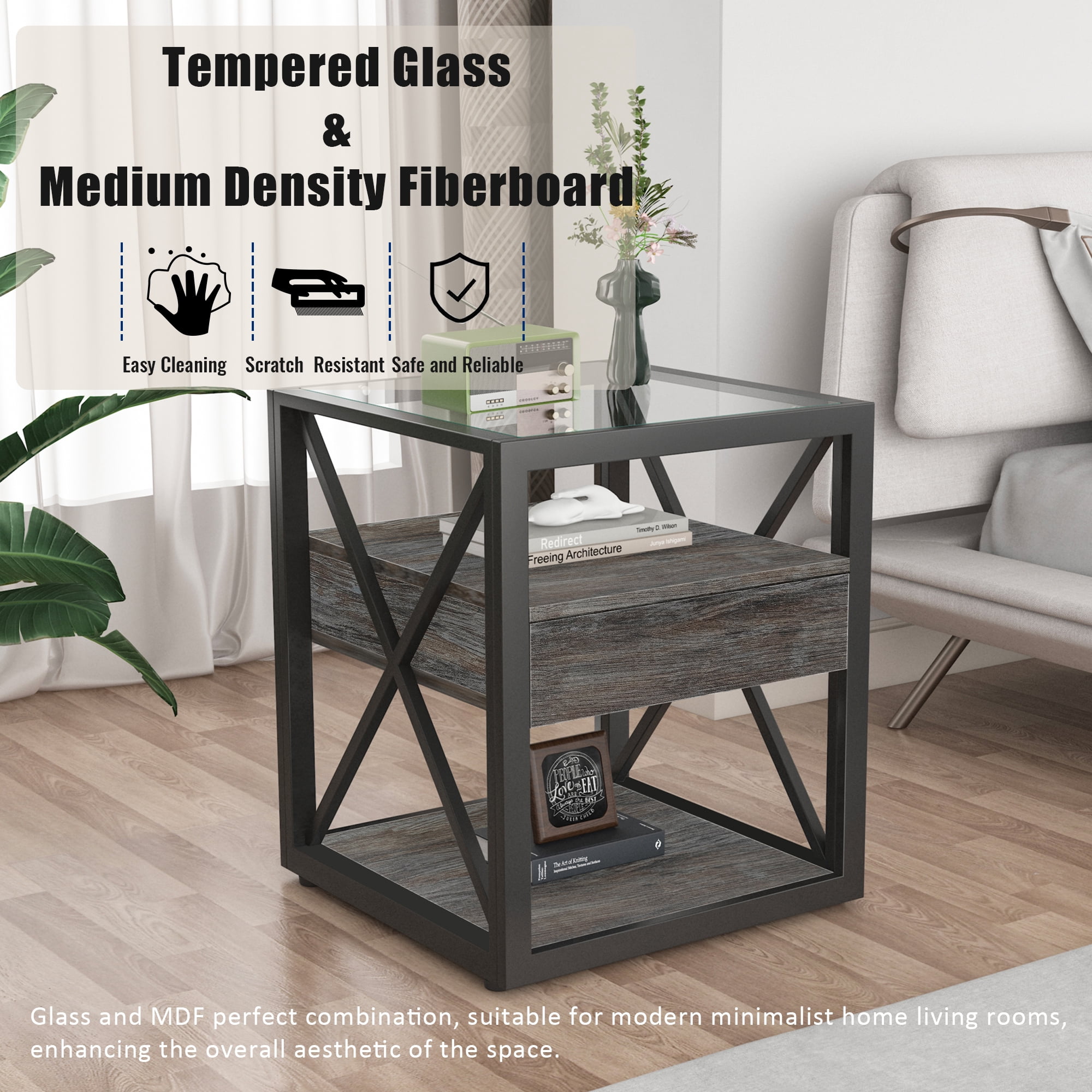Set of 2 Modern End Table with Drawer, Nightstand for Bedroom & Living Room, Rustic Wood Grain MDF & Tempered Glass Top, Industrial Style Side Table