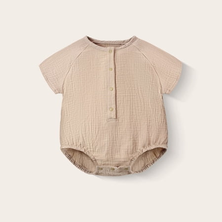 BRGZLK Newborn Baby Boys Girls Romper Summer 2026 Short Sleeve Round Neck Button Down Jumpsuit Solid Color Breathable Comfortable Bodysuit Coffee 3-6 Months