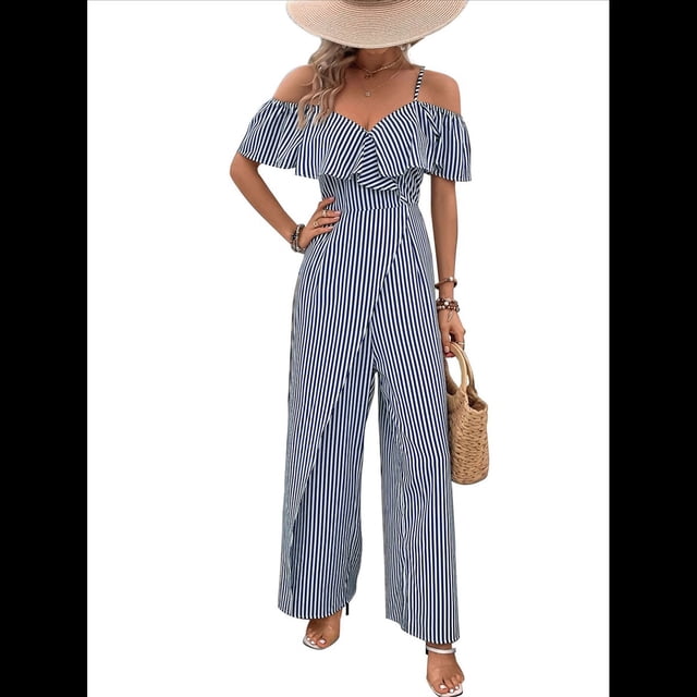 Plisados A Rayas para Mujer, Elegantes, de Verano, con Tirantes y Pantalones de Pierna , . Azul Marino M