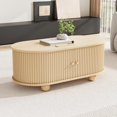 thumbnail image 4 of 39.3" Oval Coffee Table with Sliding Doors & Storage, Industrial Fluted Sofa Table, Rounded Corners & Spherical Legs with Sturdy 110 lbs Capacity, Modern Center Table for Living Rooms, Nature, 4 of 6