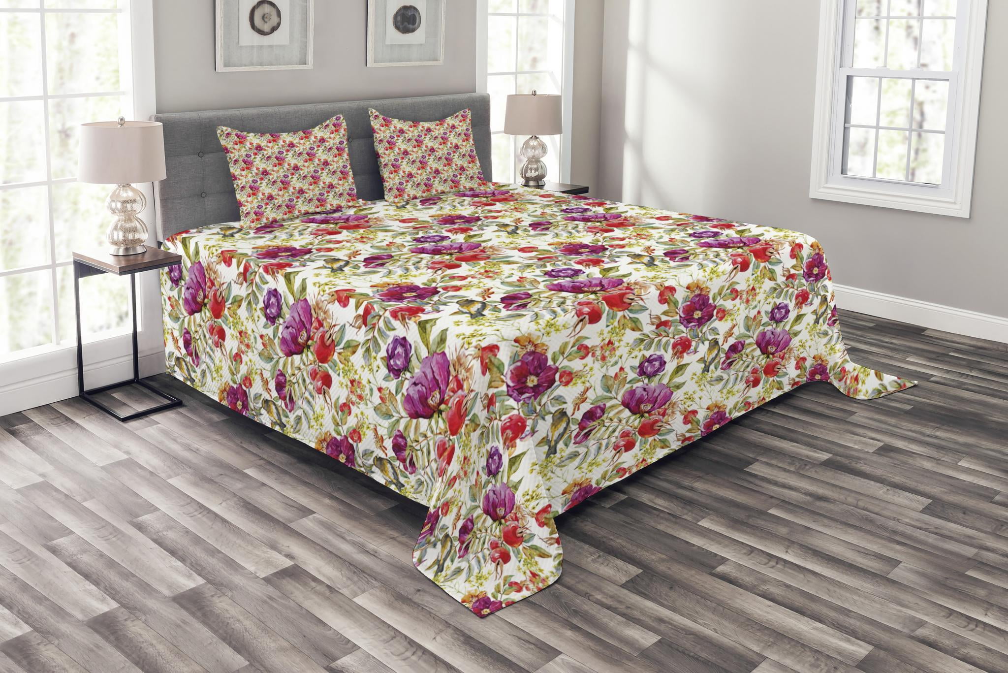 Floral Bedspread Set, Hot Pink Purple Colored Flowers with Leaves Watercolored Image with Buds