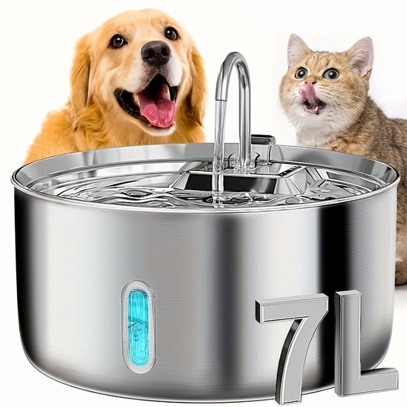 7L/236oz Stainless Steel Automatic Pet Water Fountain (FT007) - USB Powered Dispenser with Filter & Water Level Window for Cats, Dogs, Multiple Pets (No Battery)