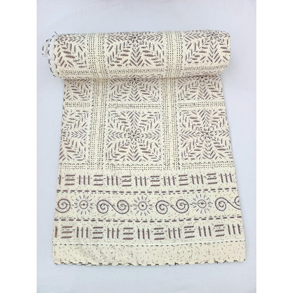 Kantha Quilt Handblock Print Indian Netural Colour floral print Quilt Hand Stitched Natural vegetable dye cotton