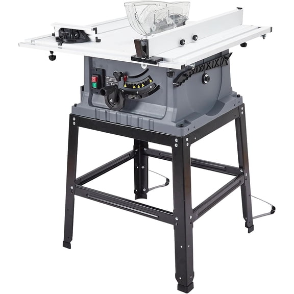 10-Inch 15-Amp Table Saw with Stand, 5000 RPM Jobsite Saw, 36" x 25" Worktable with 0-45° Bevel & Adjustable Height, Includes Blade, Guard, Push Stick & Fence, Grey