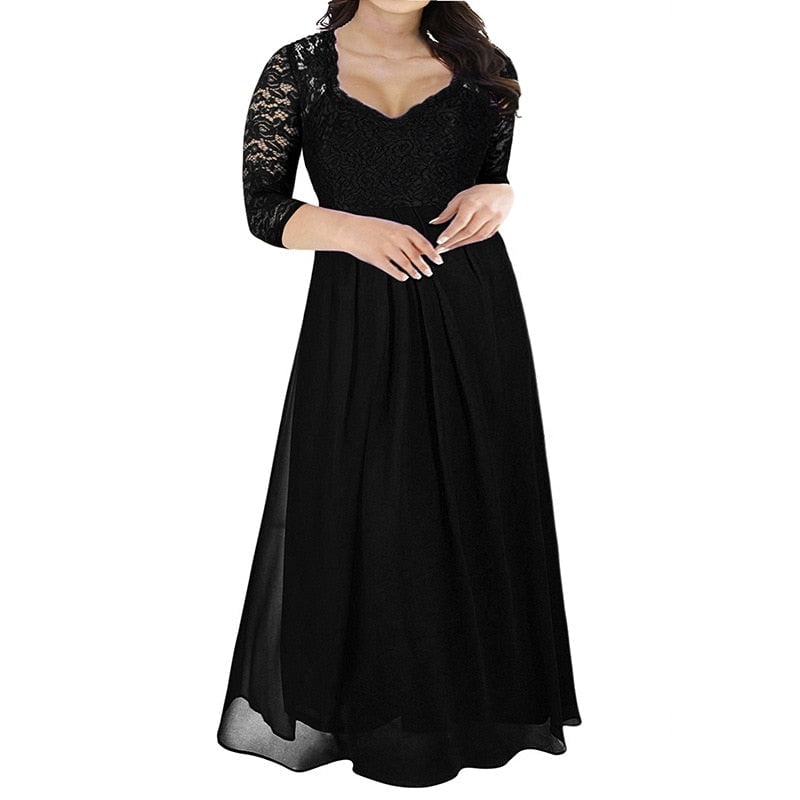 Women Formal Evening Party Prom Maxi Dress Special Occasion Chiffon Plus Size Lace Dress M0mlife Black