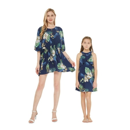 

Mother & Daughter Matching Hawaii Luau Poncho Dress Girl Round Neck Ruffle in Wispy Cereus Black