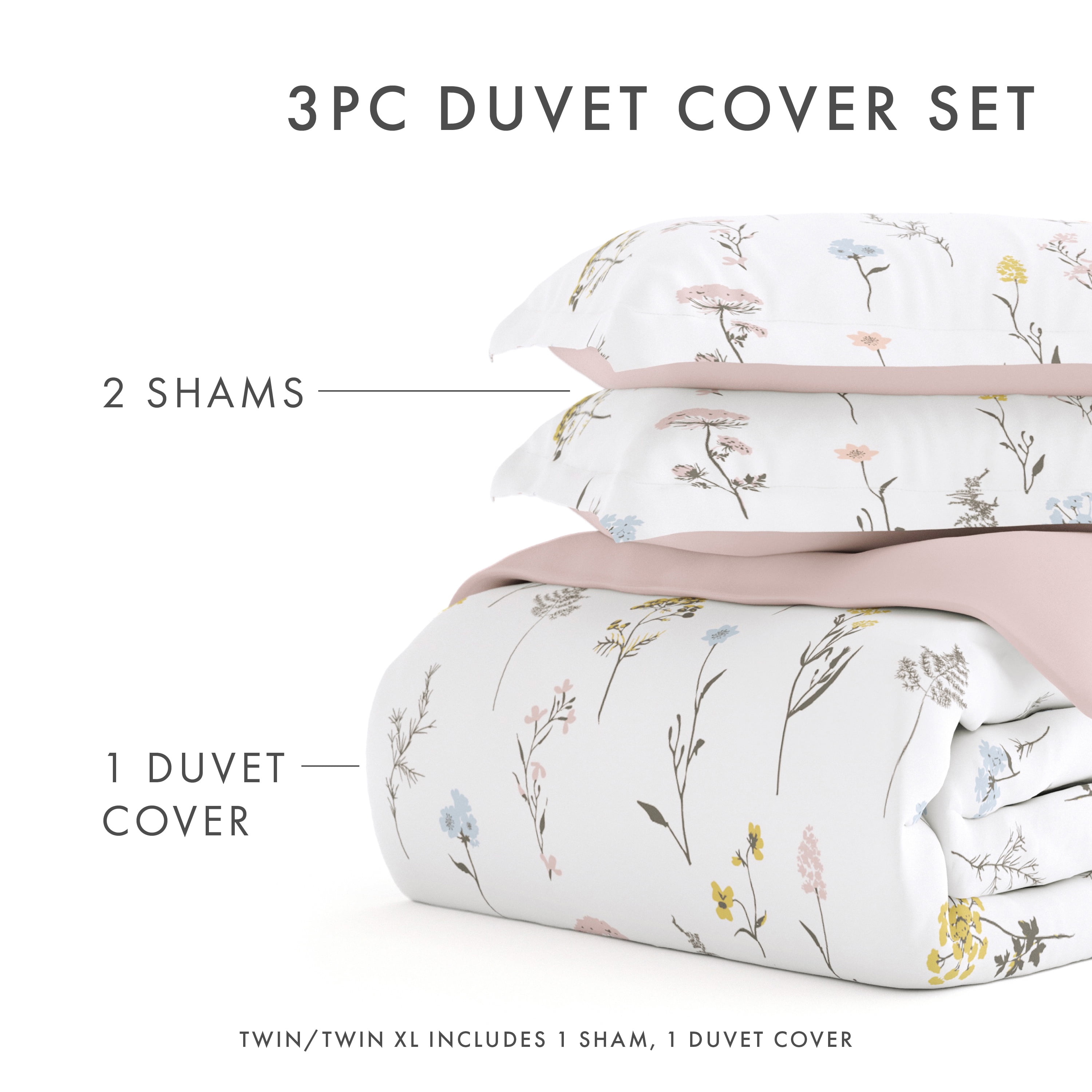 Noble Linens Pink Reversible Wild Flower Print 3-Piece Duvet Cover Set, King/CalKing
