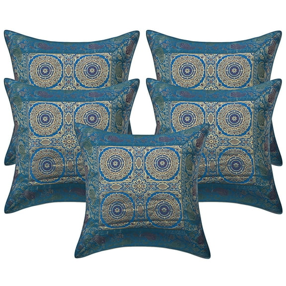 Stylo Culture Ethnic Chair Seat Throw Pillow Covers 16x16 Jacquard Turquoise Square 40x40 cm Home Decor Brocade Floral Mandala Zippered Cushion Covers | Set Of 5