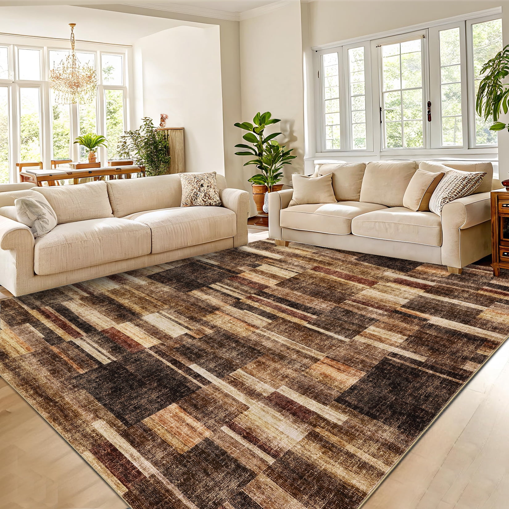 Garvee Geometric Area Rug 5x7 Modern Washable Rug for Living Room, Non-Slip Stain Resistant Indoor Carpet for Bedroom Dining Room Office, Brown