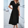 thumbnail image 5 of Women Sundress Summer Floral Short Sleeve Wrap V Neck A-Line Midi Dress Black L, 5 of 8