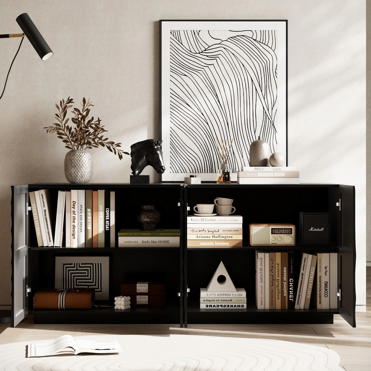 Modern 59" Buffet Cabinet with Storage, 4-Door Wave Textured Sideboard, Black Accent Console Table, Floor Standing Credenza for Living Room Kitchen, Black