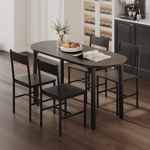 63" Oval Dining Table Set for 4-5 Piece Modern Dining Table Set for Kitchen and Dining Room Furniture, Wood Dining Table with 4 Chairs, PB/MDF & Steel Frame, Black